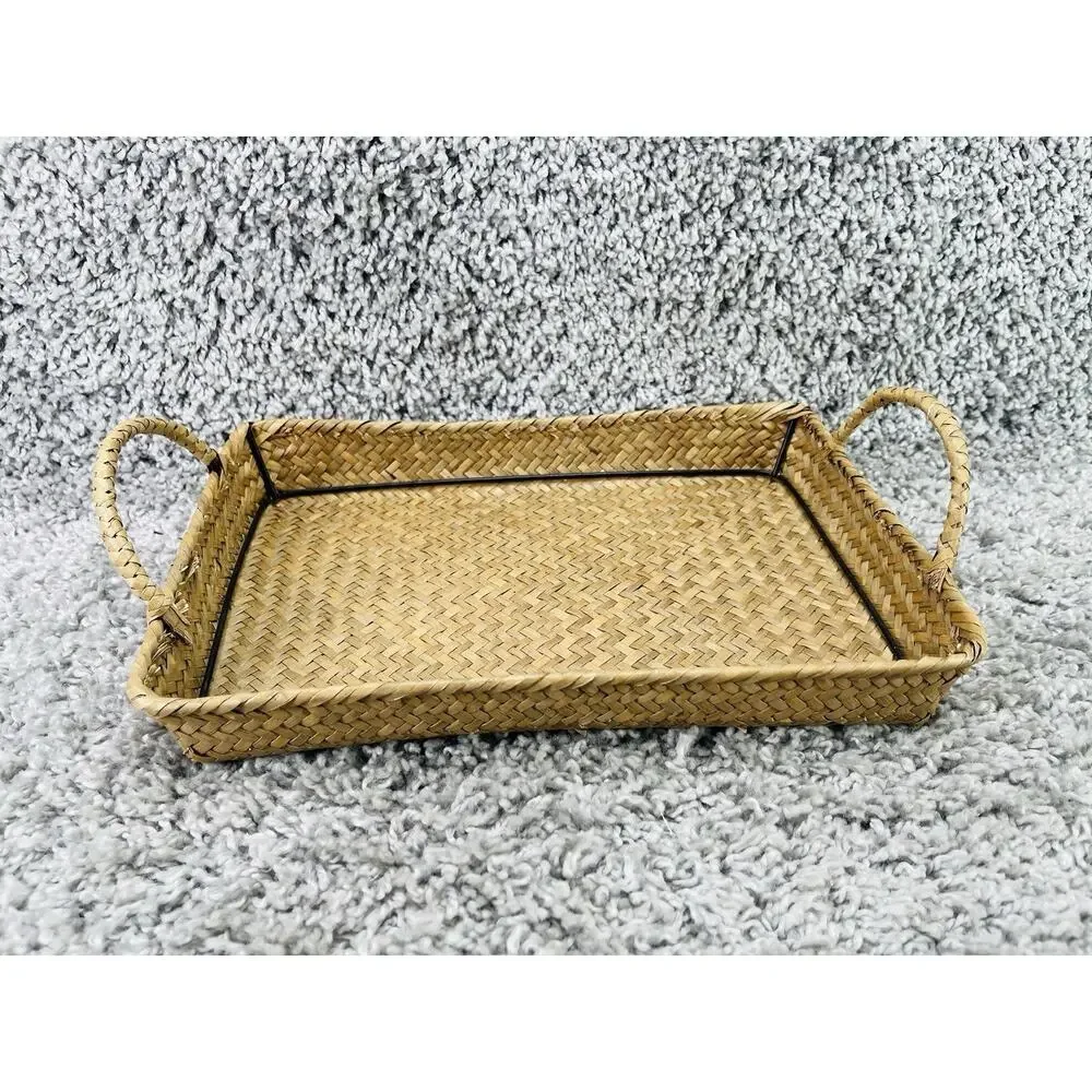 Rectangular Tray w/Handles Metal Frame Inside Weaved Basket Brown Home Decor